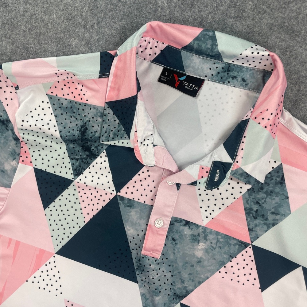 Yatta Golf Mens Polo Shirt L Pink, White, Teal, Grey Geometric Short Sleeve